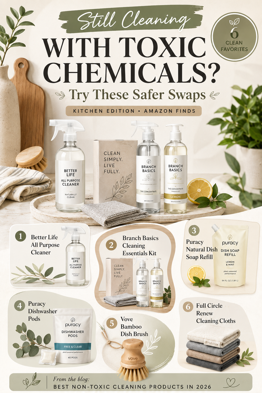 Kitchen edition graphic featuring six safer cleaning product swaps