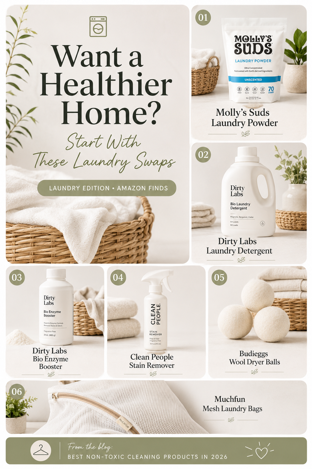Laundry edition graphic featuring six safer laundry products and accessories